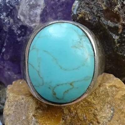 Vintage Men’s Block Turquoise SIGNET Ring Size 10 Sterling Silver 17 Grams • $55