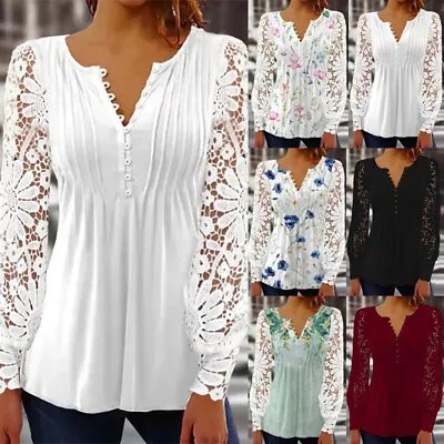 Womens Sexy Lace Long Sleeve T Shirt Blouse Ladues Boho Floral Party Tunic Tops • £15.09