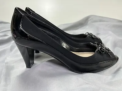 Ellen Tracy Shoes Womens 8 M Jordon  Pump Slip On Open Toe  Black Patent • $19.50