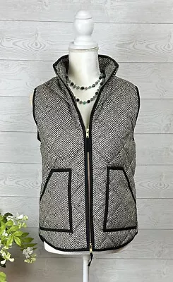 Sz. M J CREW Black Tan Herringbone DOWN PUFFER VEST Double Zip $108 • $24.99