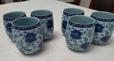 Japan Ceramic 6 Cup Set Blue Peony Flowers Asian Tea Cups  • $14