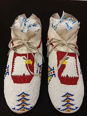 Mens Sz 10 Eagle Des. Fully Cut Beaded Buckskin Native American Indian Moccasins • $674.95