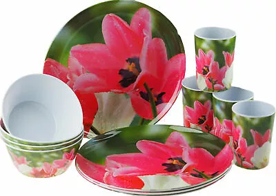 Melamine Dinner Set 12-Piece Plate Bowl & Tumbler Set For 4 Picnic Crockery Pink • £29.99