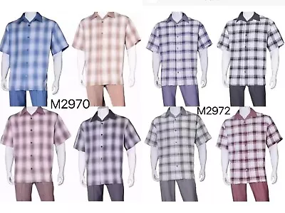 Men's 2pc Walking Suit Short Sleeve Casual Shirt &Pants Set M2968 2970 2971 2972 • $39.99