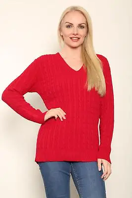 Ladies Long Sleeve Cable Knitted Cable Jumper Womens V Neck Winter Sweater Top • £12.49