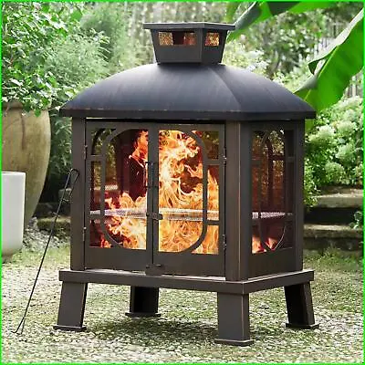 45  Fire Pit Pagoda Wood Burning Chimney Firepit With Grill Grate Outside Garden • $249.98