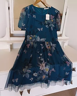 Oasis Petrol Blue Net Overlay Butterfly Floral Skater Dress L BNWT • £3.20