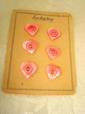 6 Vintage Dyed Pink Mother Of Pearl Shell Heart Buttons Lucky Day Card 5/8 In. • $5.99