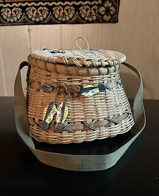 Vintage Decorative Fishing Creel Wicker Basket W Strap & Wood Fish • $25