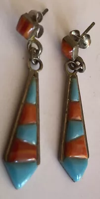 Vintage Navajo Sterling Silver Turquoise Spiny Oyster Shell Earrings Tie Drop • $75