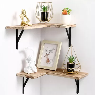 Set Of 4 Rustic Wood Corner Floating Shelves Wall Mounted Wall Decor Space Save • £22.99