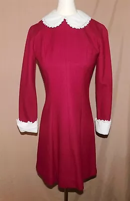 Vtg 1970s Red White Long Sleeve Dress Lace Peter Pan Collar Detail A Line • $21.95