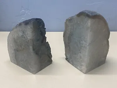 Two Blue Agate Bookends Crystal Geode Striped Natural Specimen • $29.99