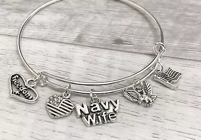 Navy Wife Military Freedom Flag Eagle Silver Charms Expandable Bangle Bracelet  • $4.75