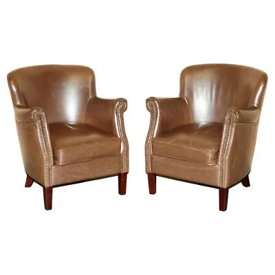 Pair Of Timothy Oulton Halo Style Brown Leather Professor Armchairs Part Suite • £1350