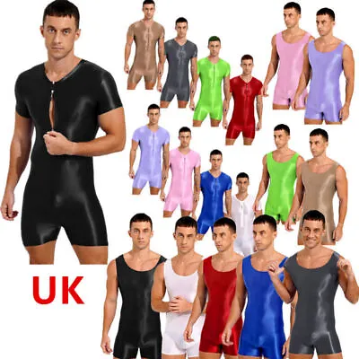 UK Mens Jumpsuit Short Sleeve Zipper Glossy Slim Fit Jumpsuit Leotard Sportwear • £5.59