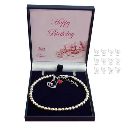 Birthstone Bracelet In Happy Birthday Gift Box With Zodiac Charm Star Sign New • £11.99