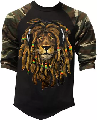 Men's Dreadlocks Rasta Lion Camo Baseball Raglan T Shirt Reggae Jamaican Ganja • $15.99