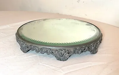 Antique Round Silverplate Plateau Beveled Vanity Jewelry Table Top Mirror Tray • $198.09