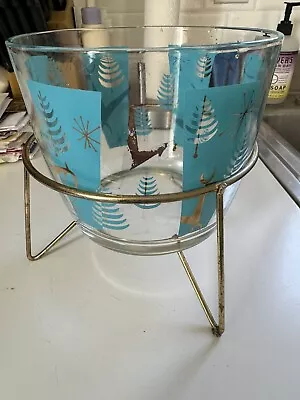 Vintage Glass Ice Bucket With Brass Holder. Mid Century Modern Gold And Blue • $34.99