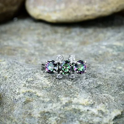 3 Round Rainbow Mystic Topaz Ring Moissanite Solid 925 Sterling Silver Leaf Ring • $63.65