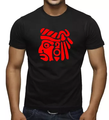 Men's Red Ancient Aztec Warrior Black T Shirt Mexico Mayan Symbol Calendar V382 • $14.99