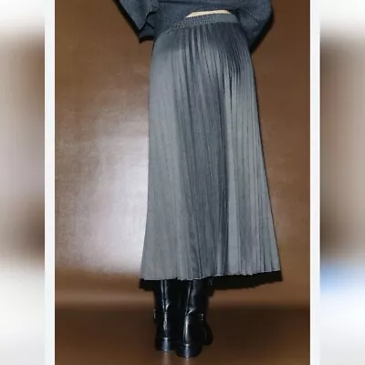 ZARA Women's S XS Pleated Gray Midi Skirt NEW With Tags Elastic Bohemian Modest • $49