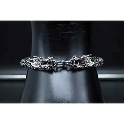 Vintage Sterling Silver Dual Oriental Dragon Head Wheat Chain Bracelet • $152.15