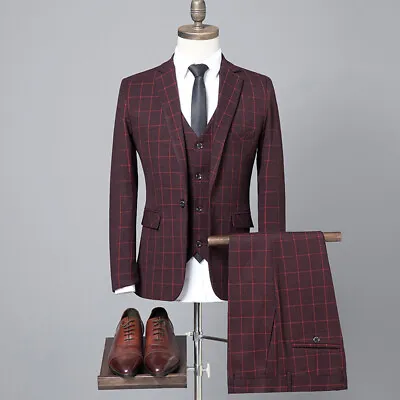 Men Suit Burgundy Plaid Notch Lapel Vintage Check Retro Prom Groom Tuxedo Suits • $102.60