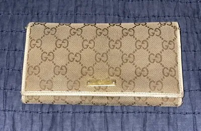 GUCCI Brown/Crème GG Monogram Vintage Womens Trifold Long Wallet Great Condition • $139.90