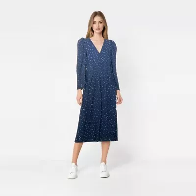 ZARA Midi Blue Polka Dot Dress Puff Sleeves Old Money Sz M • $36.95