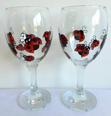 2 X Hand Painted LADYBIRD BUG Wine Glasses. Original Idea Birthday Garden Nature • £14.95