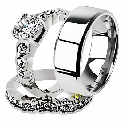 His & Hers 3pc Stainless Steel Bridal Ring Set & Men's Beveled Edge Wedding Band • $27.31