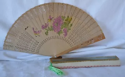 $16.30 • Buy Japanese Folding Sandalwood Fan With String Tassel 8  Original Box Flower Scene