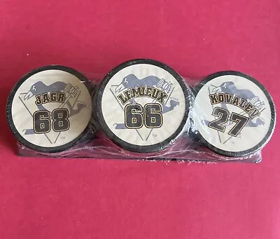 Vintage Penguins Hockey Pucks Set Lemieux Kovalev And Jagr Puck Set • $45