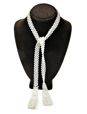 Vintage BEADED NECK TIE NECKLACE Braided Cream Beads Open Sautoir 1 1/4 W  34  L • $15.19