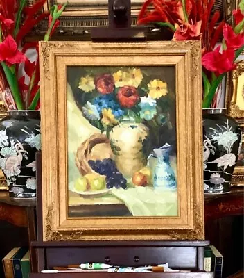 Painting Still Life Flowers Beautiful Vintage Oil On Canvas Framed Fine Art • $310