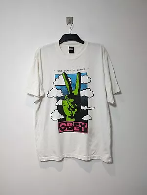 Obey T-Shirt Give Peace A Chance Vintage Graphic Print Tee Size Large White • £19.99