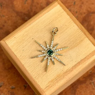 Vintage 14K Yellow Gold Round Genuine Emerald + Diamond Starburst Pendant Charm • $749.99