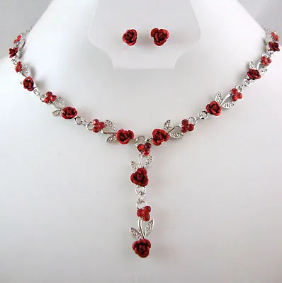 £4.49 • Buy Silver Tone Metal Red Rose  & Crystal Necklace Set