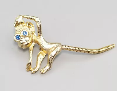 Gold Tone Vintage Monkey Pin Brooch With Blue Eyes And Movable Tremble Tail  • $15