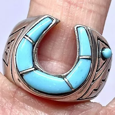 Horseshoe Turquoise Mens Ring Sz 10 Sterling Zuni Inlay Haloo Native American • $179.95