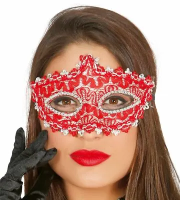 £4.99 • Buy Womens Red & Silver Decorated Eye Mask Masquerade Ball Fancy Dress Accessory