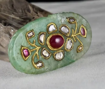 Mughal Best Emerald Quartz Carved Gemstone Studded With Ruby Diamond 22k Gold • $1200