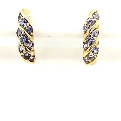 Natural Purple Tanzanite .35tcw Huggie J Hoop Post Earrings 10k Yellow Gold NEW • $199.99