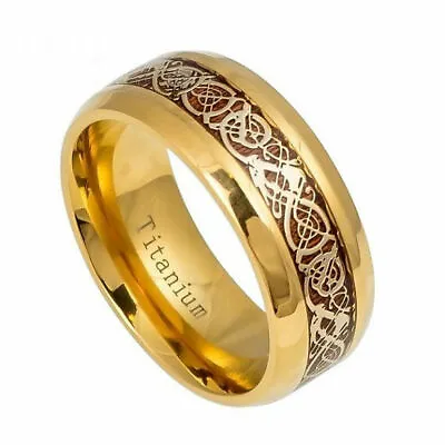 8mm Mens Gold Titanium Royal Celtic Knot Dragon Koa Wood Inlay Wedding Band Ring • $22.46