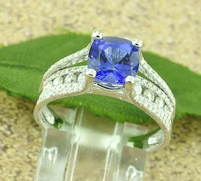 18k Solid White Gold Natural Diamond & AAA Cushion Cut Tanzanite Ring 2.60 Ct • $1062.50