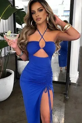 Women's Blue Sleeveless Cut Out Ruched High Slit Maxi Summer Vacay Dress  Small • $19.97