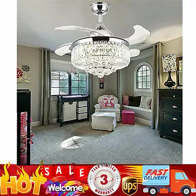 42  LED Invisible Fandelier Crystal Retractable Ceiling Fans Light 3 Color Chang • $113.05