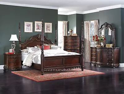 Beautiful 4 Pc Burl Inlay Poster King Bed Ns Dresser Mirror Furniture Set • $2599